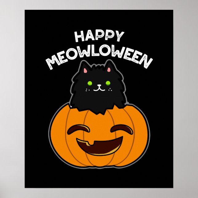 Happy Meowloween Funny Halloween Pun Dark BG Poster (Vorne)