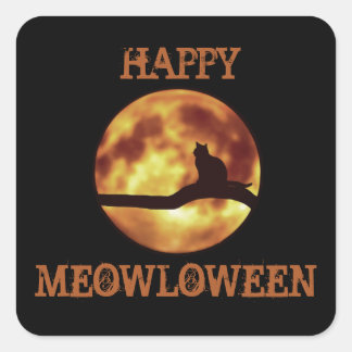 Happy MEOWloween Moon Black Cat Silhouette Pun Quadratischer Aufkleber