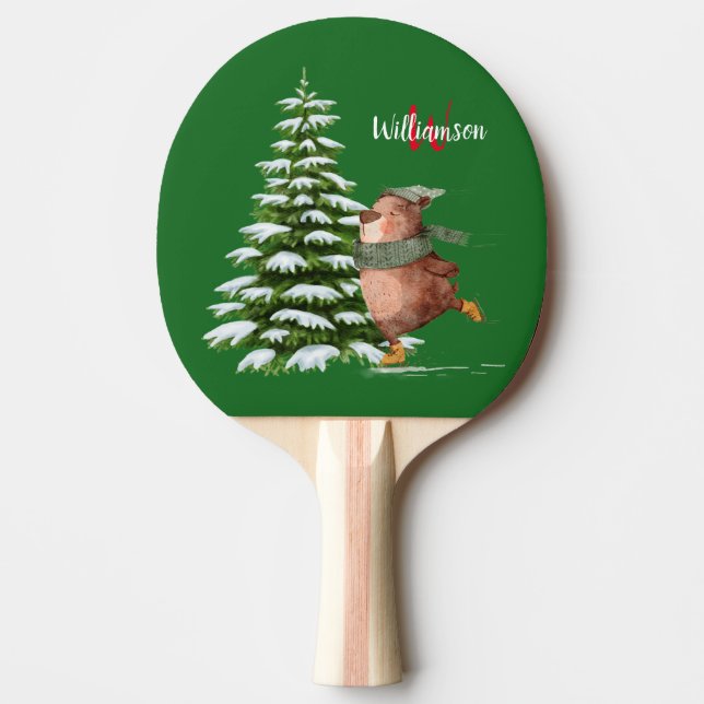 Happy Merry Christmas Monogram Name Tree Bear  Tischtennis Schläger (Vorderseite)