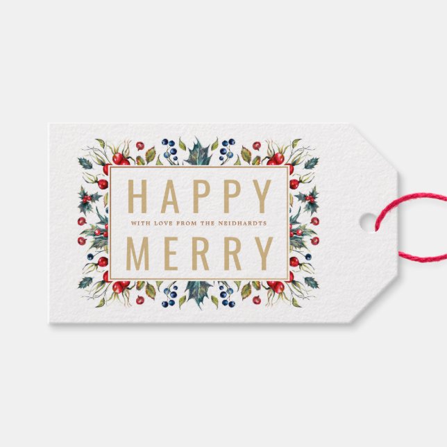 Happy Merry Personalisiert Holiday Gift Tags Geschenkanhänger (Vorderseite (Horizontal))