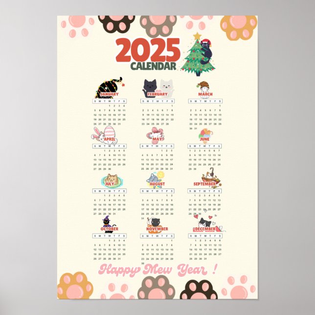 Happy Mew Year 2025 Wand Kalender für Katzenliebha Poster (Vorne)