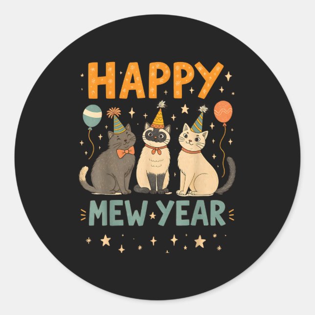 Happy Mew Year Cat Party  Runder Aufkleber (Vorderseite)