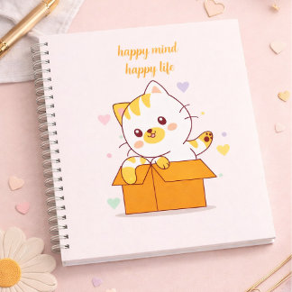 Happy Mind Happy Life Cute Cat Illustration Notizbuch