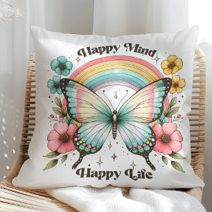 "Happy Mind Happy Life" Pastel Butterfly Regenboge Kissen