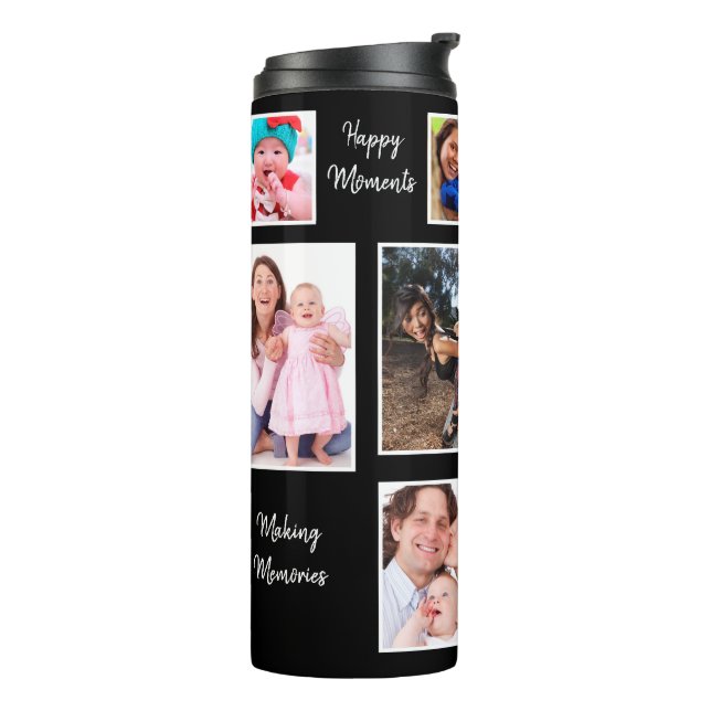 Happy Moments Dark Background Foto Collage Thermosbecher (Nach links gedreht)