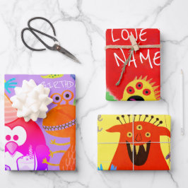 HAPPY MONSTER CUSTOM TEXT GIFT WRAP FLAT SHEETS GESCHENKPAPIER SET