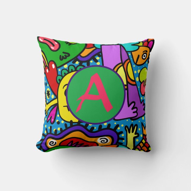 HAPPY MONSTER DOODLE CRITTERS PILLOW INITIAL KISSEN (Vorderseite)