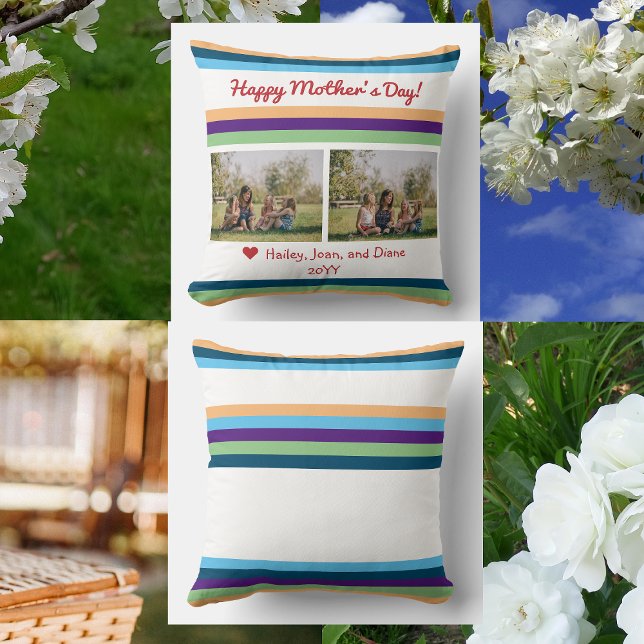 Happy Mother Day 2 Fotos - Farbbänder für Namen ma Kissen (Happy Mother's Day pillow w/ 2 personalized photos + names + year. Elegant, modern, minimalist)