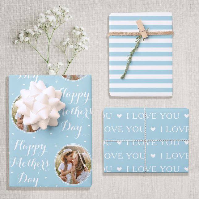 Happy Mother Day Custom Foto Pastel Blue 3 Geschenkpapier Set (Von Creator hochgeladen)