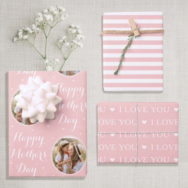 Happy Mother Day Custom Foto Pastel Pink 3 Geschenkpapier Set (Von Creator hochgeladen)