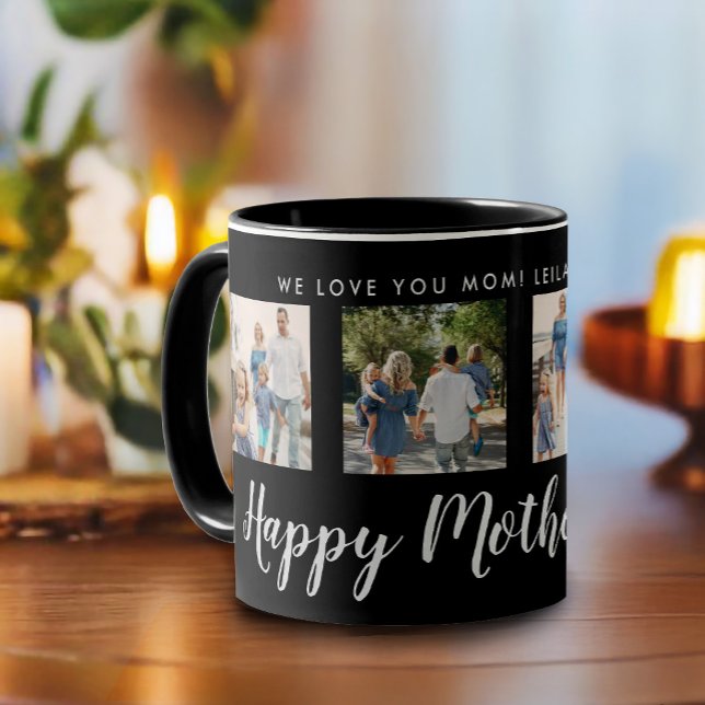 Happy Mother Day Foto Collage Black Tasse (Happy Mother's Day script font with 4 family photo slots along with a custom message)