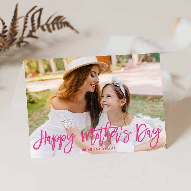 Happy Mother Day Hot Pink Script Foto Karte (Von Creator hochgeladen)