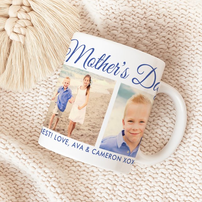 Happy Mother Day Mama Blue Script Foto Collage Tasse (Von Creator hochgeladen)