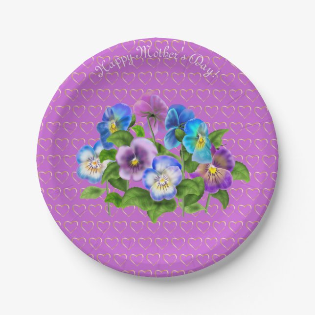 Happy Mother Day Pansy Violet Blume Wasserfarbe Pappteller (Vorderseite)