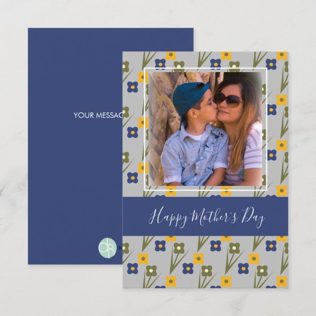 Happy Mother Day Simple Florals Blue Card Karte (Vorne/Hinten)