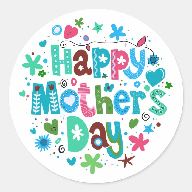 Happy Mother's Day Blue Floral Stilvolle Buchstabe Runder Aufkleber (Vorderseite)