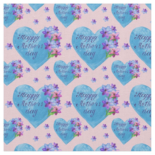 Happy Mother's Day Blue Hearts Floral auf Pink  Stoff (Nahaufnahme)
