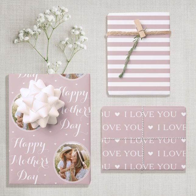 Happy Mother's Day Custom Foto Dusty Pink 3 Geschenkpapier Set (Von Creator hochgeladen)