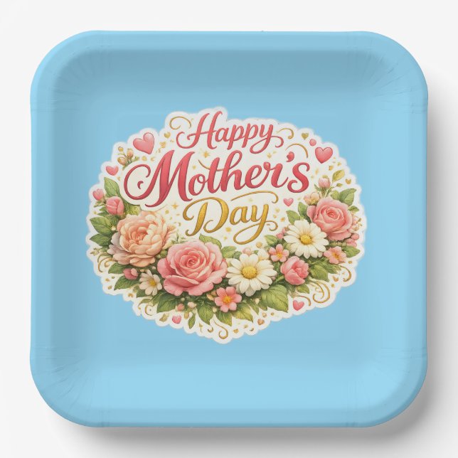 Happy Mother's Day elegant floral wreath blue Pappteller (Vorderseite)