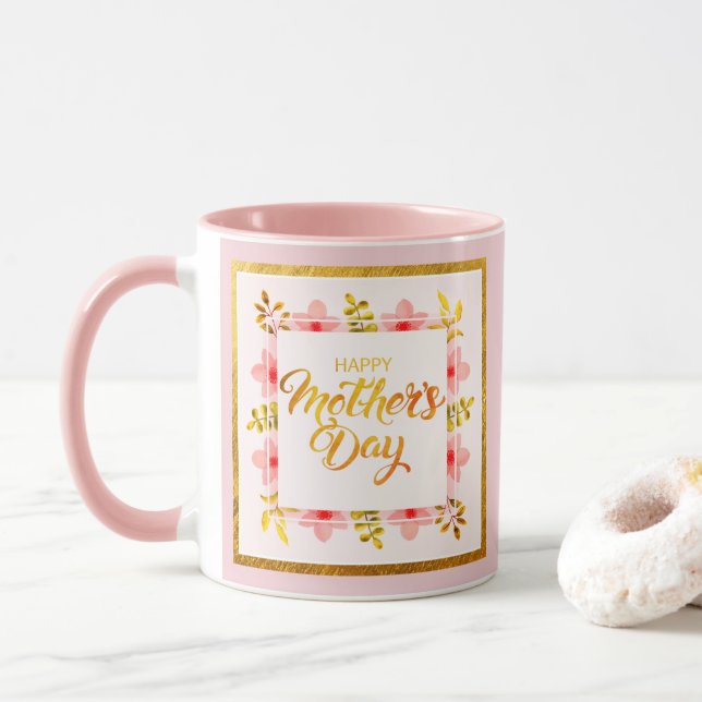 Happy Mother's Day Floral, Elegant Pink & Gold  Tasse (Mit Donut)