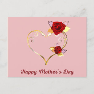 Happy Mother's Day Gold Heart and Rose Card Feiertagspostkarte