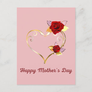 Happy Mother's Day Gold Heart and Rose Card Postkarte