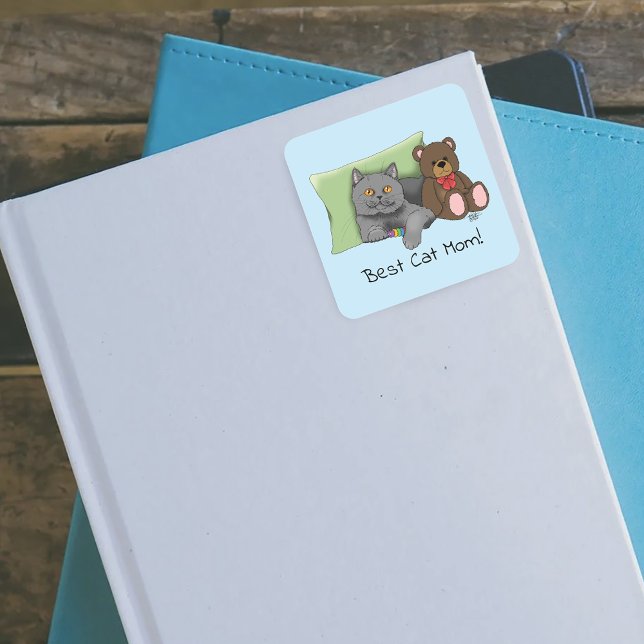 Happy Mother's Day Gray Cat Quadratischer Aufkleber (Von Creator hochgeladen)