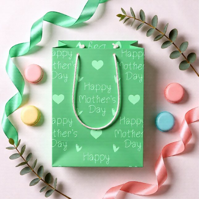 Happy Mother's day green script Mittlere Geschenktüte (Happy Mother's Day Fresh Green Heart Medium Gift Bag)