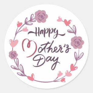 Happy Mother's Day Hearts Floral Wreath Bouquet Runder Aufkleber