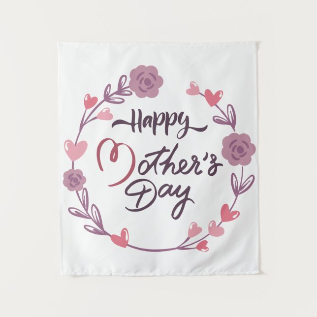 Happy Mother's Day Hearts Floral Wreath Bouquet Wandteppich (Vorderseite)