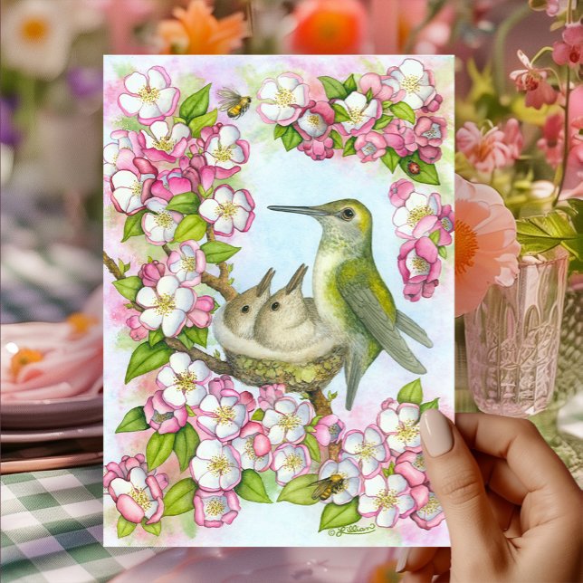 Happy Mothers Day Hummingbird Pink Blossoms Karte (Happy Mother's Day Hummingbird at the nest with cherry blossoms, honey bees, and ladybug. )