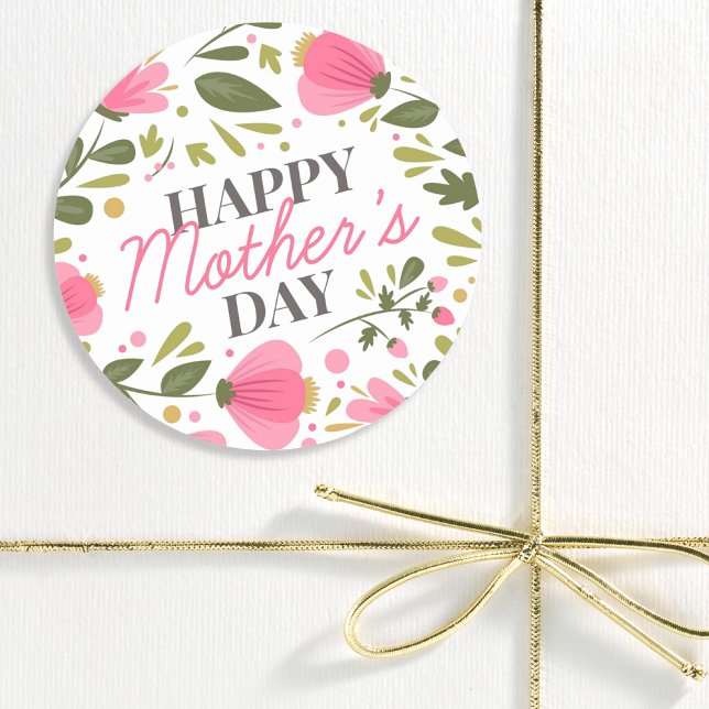 Happy Mother's Day Modern Pink Floral Botanical Runder Aufkleber (Von Creator hochgeladen)