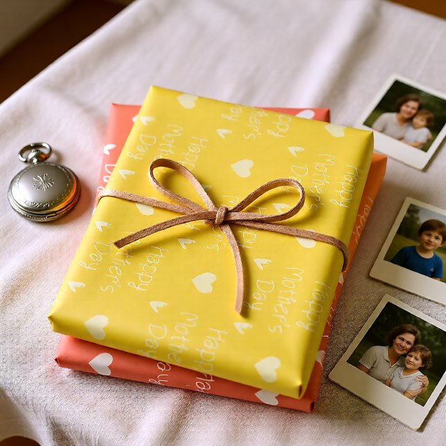 Happy Mother's day Orange Set von 3 Geschenkpapier Set (Happy Mother’s Day Orange and Yellow Heart Wrapping Paper Sheets)