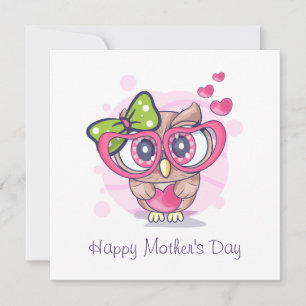 Happy Mother's Day Owl Pink Liebe Hört Feiertagskarte