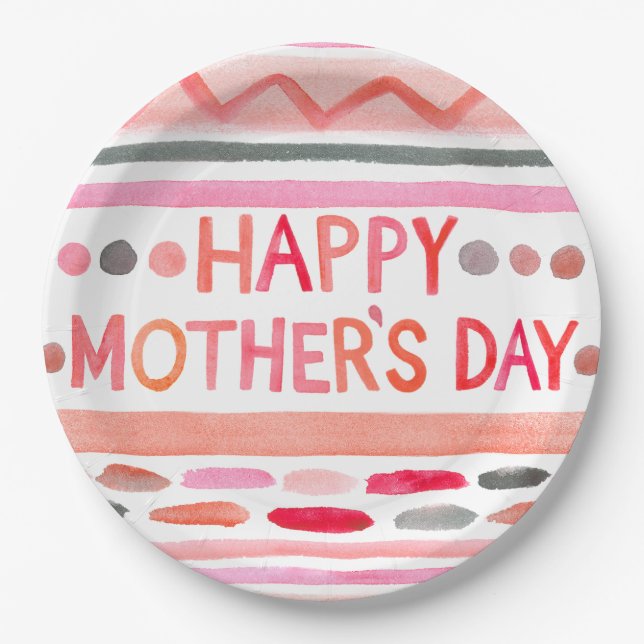 Happy Mother's Day Pink Watercolor Streifen Pappteller (Vorderseite)