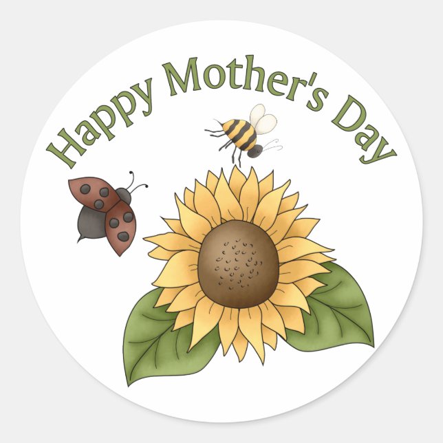 Happy Mothers Day Sonnenblume, Schmetterling, Bien Runder Aufkleber (Vorderseite)
