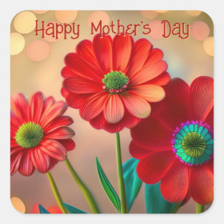 Happy Mother's Day Three Red Daisies Custom Text Quadratischer Aufkleber