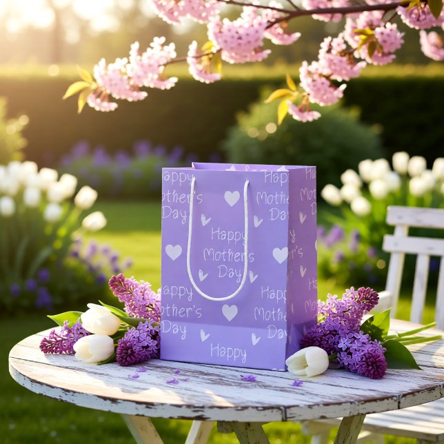 Happy Mother's Day Violetskript Mittlere Geschenktüte (Happy Mother's Day Lavender Heart Pattern Medium Gift Bag)