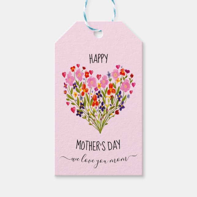 "Happy Mother's Day" Wasserfarbene Blume Herz Geschenkanhänger (Vorderseite)