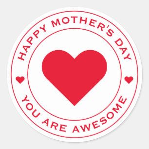 Happy Mother's Day White Red Heart Fun Einzigartig Runder Aufkleber