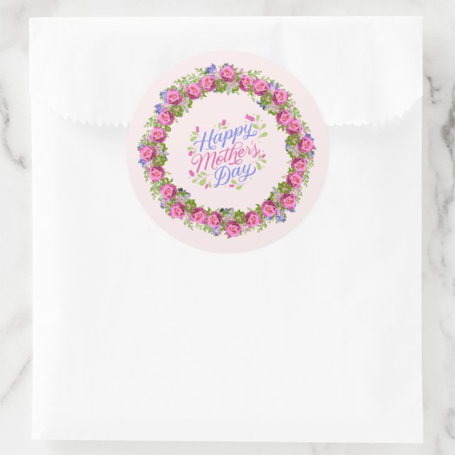 Happy Mthers Day Pink Floral Wreath Runder Aufkleber (Tasche)