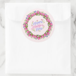 Happy Mthers Day Pink Floral Wreath Runder Aufkleber