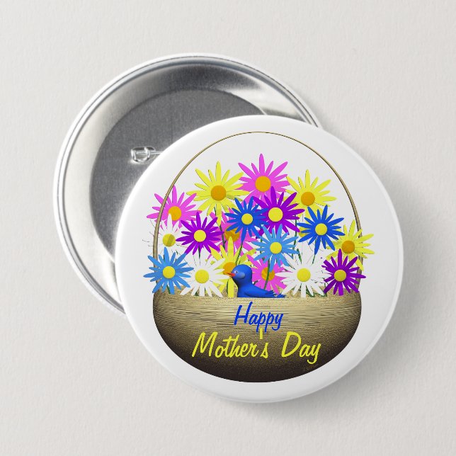 Happy Mütter Day Basket of Daisies and Blue Bird Button (Vorne & Hinten)