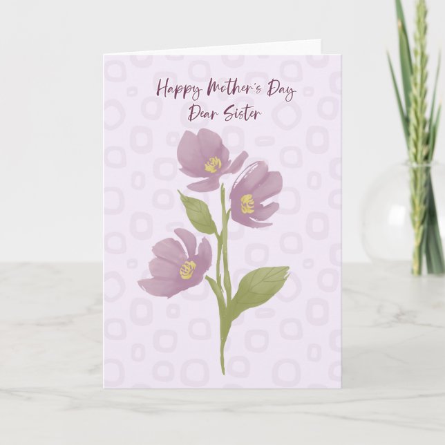 Happy Mütter Day Liebe Schwester violette Blumen Dankeskarte (Vorderseite)