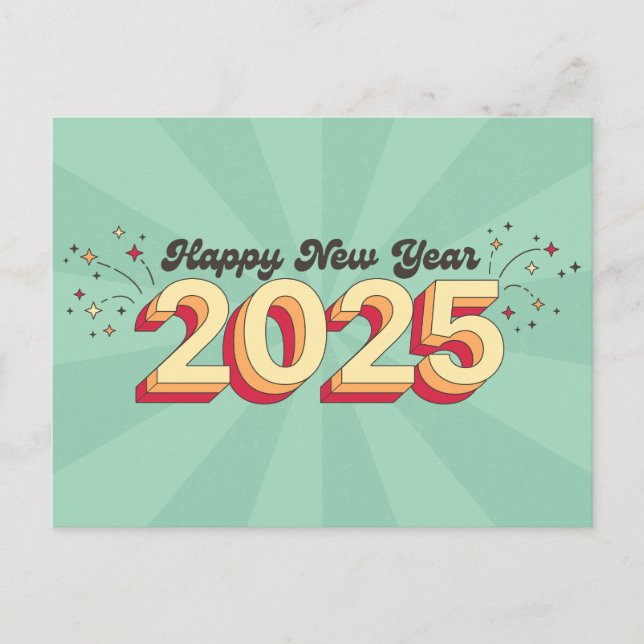 Happy neues Jahr 2025 Retro 3D Typografie Design Postkarte (Vorderseite)