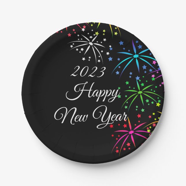 Happy neues Jahr Party farbenfrohe Feuerwerk schwa Pappteller (Vorderseite)