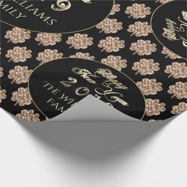 Happy New Year 2019 Elegante Black and Gold Clover Geschenkpapier (Ecke)