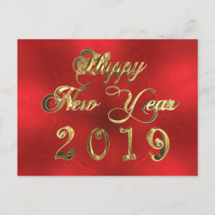 Happy New Year 2019 Script Red and Gold Chic Postkarte