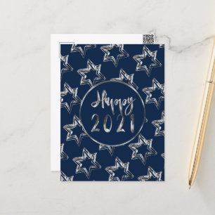 Happy New Year 2021 Elegant Silver Gray Stars Blau Feiertagspostkarte