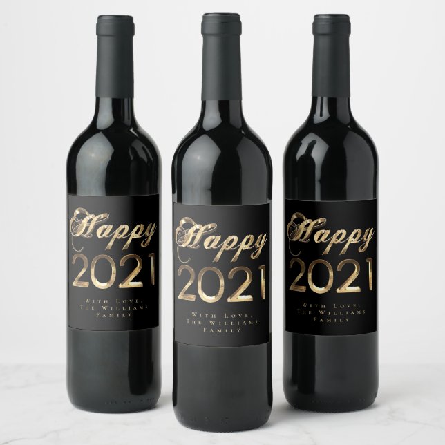 Happy New Year 2021 Elegantes Schwarz-Gold-Script Weinetikett (Flaschen)